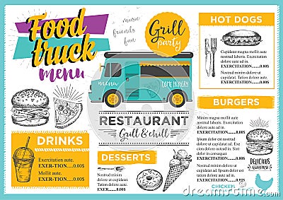 Food truck party invitation. Food menu template design. Vector Illustration