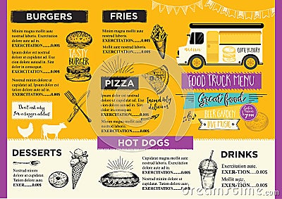 Food truck party invitation. Food menu template design. Food fly Vector Illustration