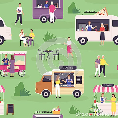 Food truck seamless pattern. Summer street festival and people buy fast food, pizza and coffee in vans or carts. Outdoor Vector Illustration