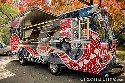 A food truck serving delicious meals is parked in a busy parking lot, ready to serve hungry customers, Asain-inspired food truck Stock Photo