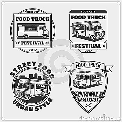 Food truck street festival emblems, badges, logos and design elements. Vector Illustration