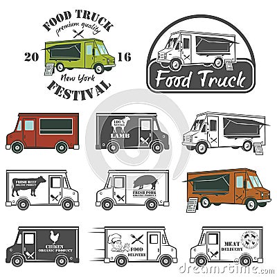 Food truck street festival emblems and logos set Vector Illustration