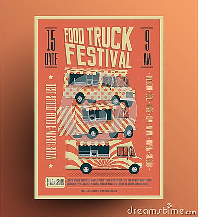 Food Truck Street Food Festival Poster Flyer Template. Vintage styled vector illustration. Vector Illustration