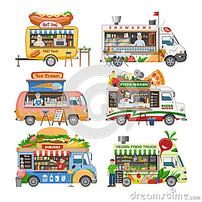 Food truck vector street food-truck vehicle and fastfood delivery transport with hotdog or pizza illustration set of man Vector Illustration