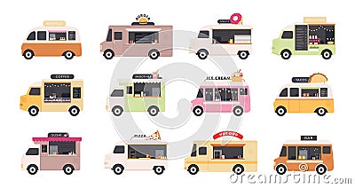 Food trucks. Van cars selling street fast foods, pizza, burger, coffee, donut and ice cream. Restaurant on wheels Vector Illustration