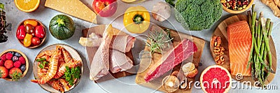 Food variety panorama, shot from above. A selection of healthy foods, meat and fish, fruit and vegetables Stock Photo