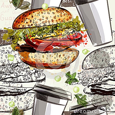 Food vector pattern with hamburgers and mugs Stock Photo