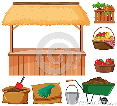 Food vendor and many farming items on white background Vector Illustration