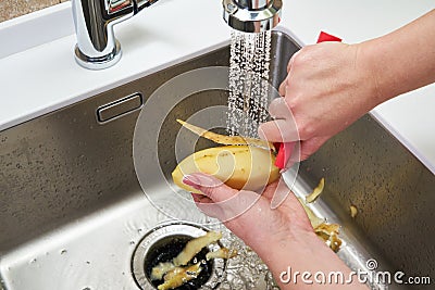 Food waste disposer machine in sink in modern kitchen Stock Photo