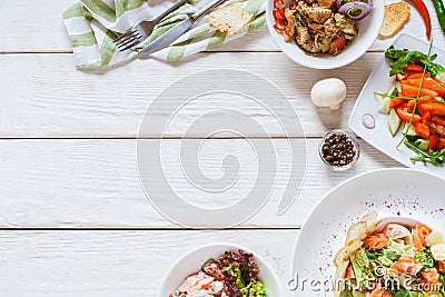 Food white table top view restaurant buffet plates Stock Photo