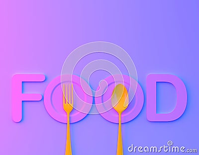 Food word sign logo with spoon and fork in bvibrant bold gradient purple and blue holographic colors background. minimal food conc Stock Photo