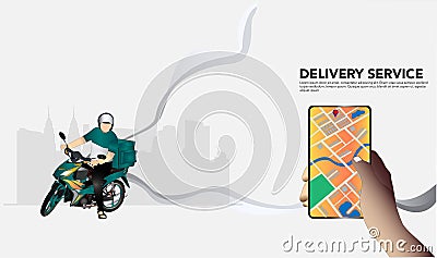 Man courier riding motorcycle with carrier box ready for food or goods delivery Vector Illustration