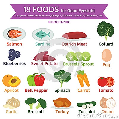 Foods for good eyesight, info graphic, food icon vector Vector Illustration