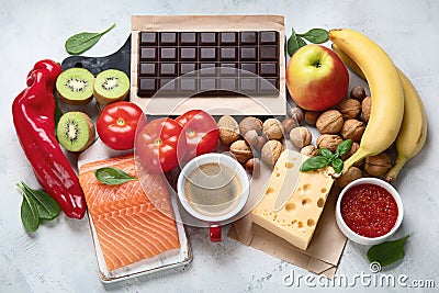 Foods for good mood, brain and happiness. Natural sources of serotonin and dopamine Stock Photo