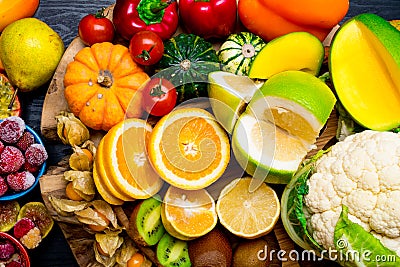 Foods High in vitamin C background Healthy eating. Stock Photo