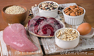 Foods with Selenium on wooden board Stock Photo