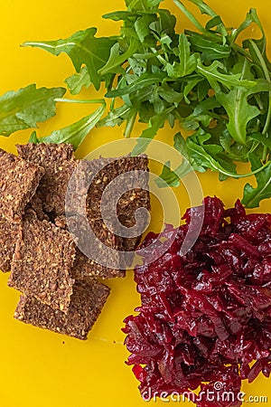 Foods to increase hemoglobin - beets, arugula and rye bread Stock Photo