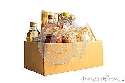 Foodstuff for donation isolated on white background with clipping path, storage and delivery. Various food, pasta, cooking oil and Stock Photo