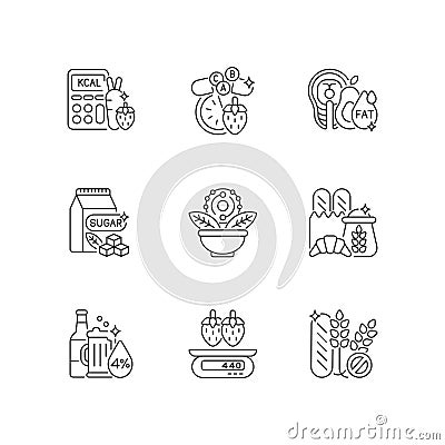 Foodstuff for nourishment linear icons set Vector Illustration