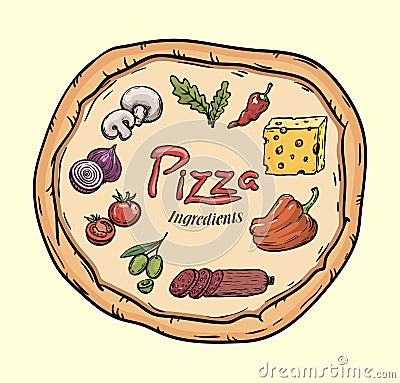 Foodstuffs. Ingredients for pizza. Color vector illustration on beige Vector Illustration
