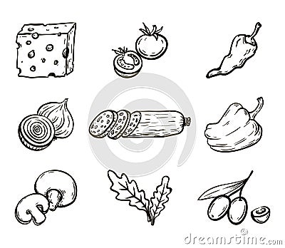 Foodstuffs. Ingredients for pizza. Set of vector sketches on white Vector Illustration