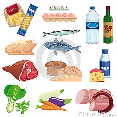 Foodstuffs. set of colored vector icons on a white Vector Illustration