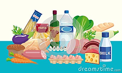 Foodstuffs. Set of food and drinks. Color illustration Vector Illustration