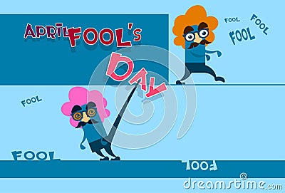 Fool Day April Holiday Greeting Card Banner Comic Crazy Character Fake Nose, Mustache, Wig Vector Illustration