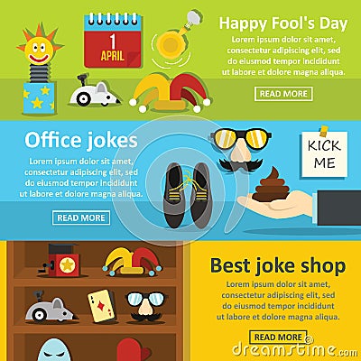 Fools day banner horizontal set, flat style Vector Illustration