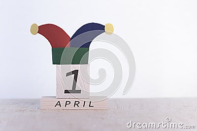 Fools` Day, date April 1 on wooden calendar Stock Photo