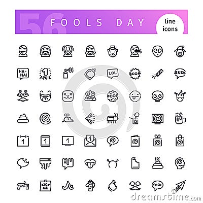 Fools Day Line Icons Set Vector Illustration