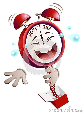 Fools day time. Clock hours service laughs surprise on spring from box Vector Illustration