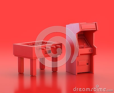 Foosball table and arcade video game cabinet in red background, monochrome single color red 3d Icon, 3d rendering Stock Photo
