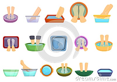 Foot bath icons set, cartoon style Vector Illustration