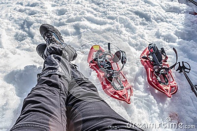 Foot with boots in snowshoes Stock Photo