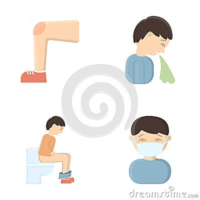 A foot with a bruise in the knee, sneezing sick, a man sitting on the toilet, a man in a medical mask. Sick set Vector Illustration