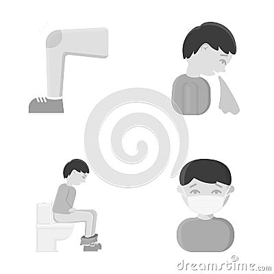 A foot with a bruise in the knee, sneezing sick, a man sitting on the toilet, a man in a medical mask. Sick set Vector Illustration