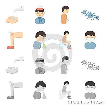 A foot with a bruise in the knee, sneezing sick, a man sitting on the toilet, a man in a medical mask. Sick set Vector Illustration