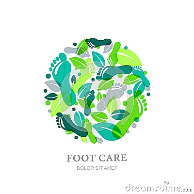 Foot care logo, label or emblem design elements. Sole, footprint and green leaves in circle shape. Vector Illustration