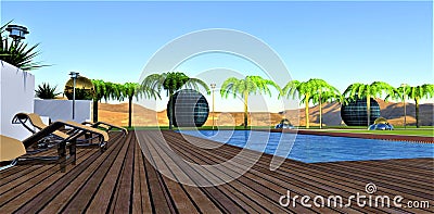 Foot-friendly decking by the pool with sun loungers in the backyard seating area of a stylish futuristic home. Photovoltaic balls Stock Photo