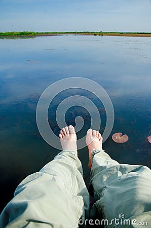 Foot and legs seen from above. Selfie. Stock Photo