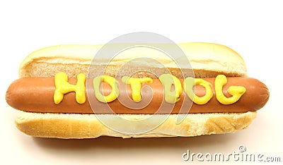 Foot Long Hot Dog with Hot Dog written in mustard Stock Photo