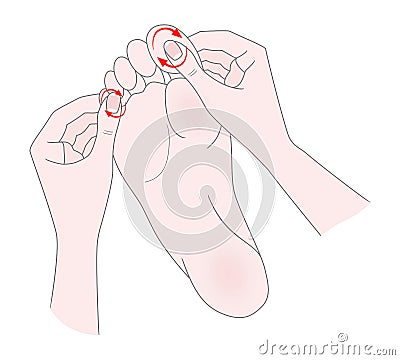 Foot massage. Bunion. Hallux valgus or bunion formation of the foot. Female hands massage the foot. Kneading and prevention of Vector Illustration