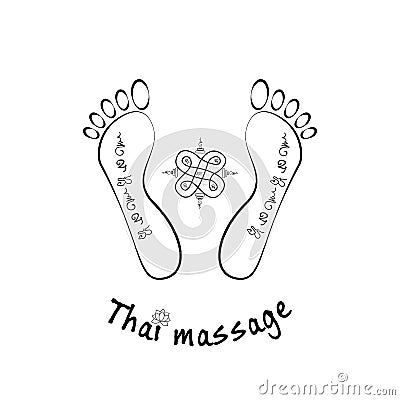 Foot massage logo. Thai foot massage. Silhouette of a foot and a Thai pattern. Reflexology Vector Illustration