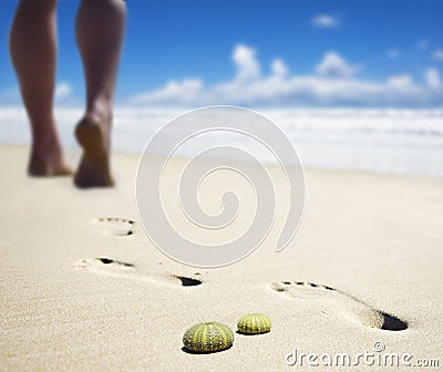 Foot prints on a sandy beach Stock Photo