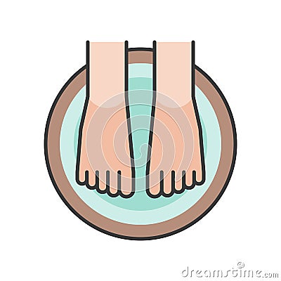 Foot spa, foot soak in wooden tub, filled outline icon Vector Illustration