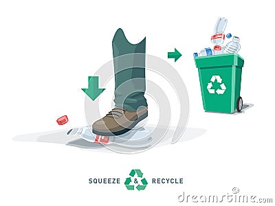 Foot Squeeze Empty Plastic Bottle with Recycling Bin Vector Illustration