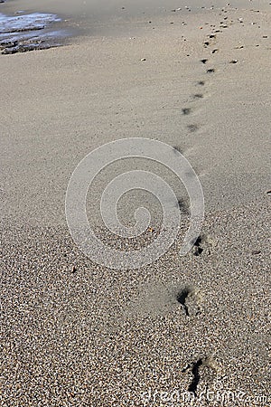 Foot traces go into the distance on the sand texture Stock Photo