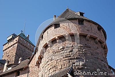 At the foot of the walls of castle Le Haut Koenigsbourg Stock Photo