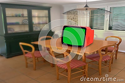 footage Dated TV Set with Green Screen Mock Up Chroma Key Template Display, realistic Nostalgic living room with furniture and Stock Photo